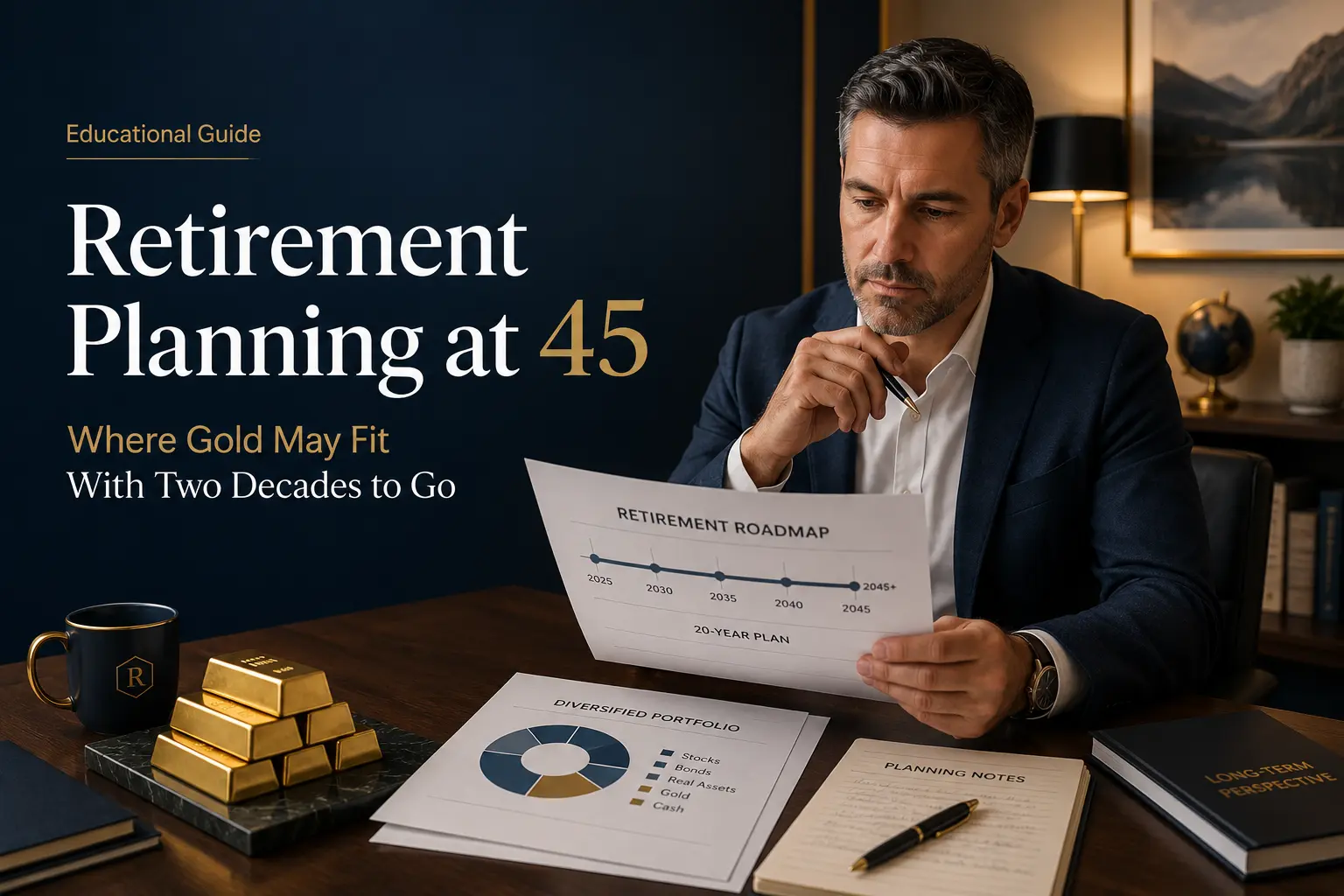 Retirement planning at 45: a professional reviewing a 20-year retirement roadmap with a diversified portfolio and a modest gold allocation