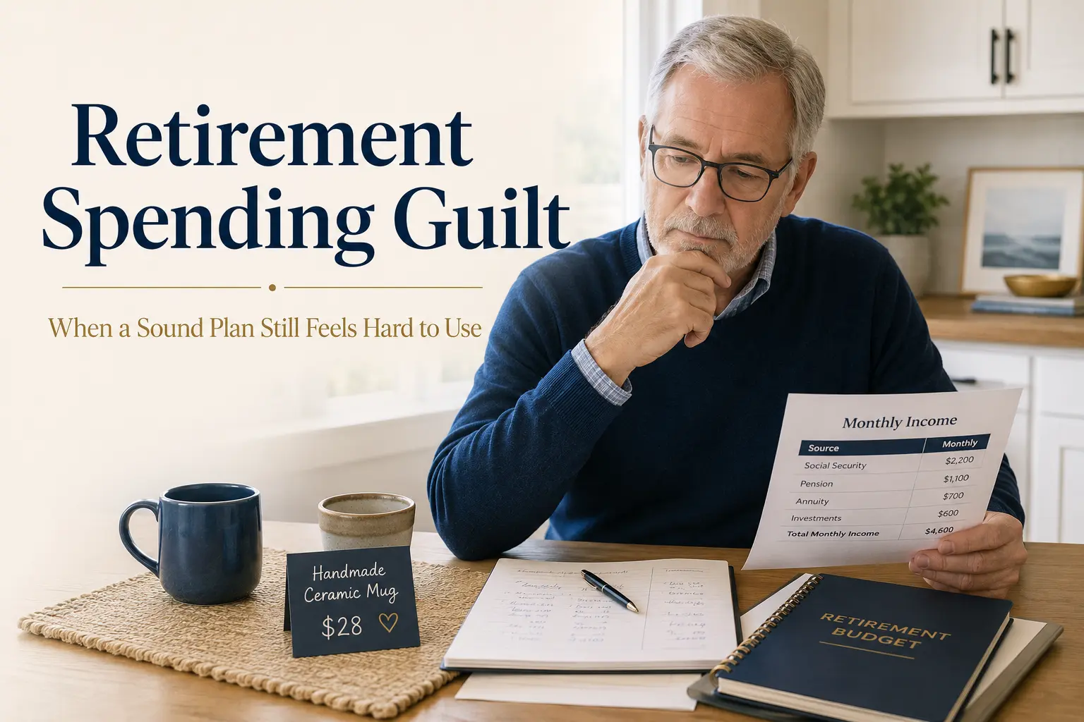 Retirement spending guilt: a retiree hesitating over a small purchase while holding a monthly income statement showing $4,600 of covered income