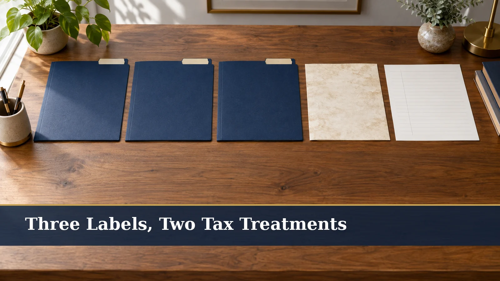 A calm desk scene shows an old employer-plan statement beside three neutral retirement-account folders and a blank decision worksheet. The folders are differentiated by simple tabs without provider names, account numbers or dollar figures. Natural light falls across the paper textures, with restrained navy and muted gold accents. The arrangement suggests a tax-treatment decision between rollover, traditional and Roth labels rather than an investment-performance comparison.