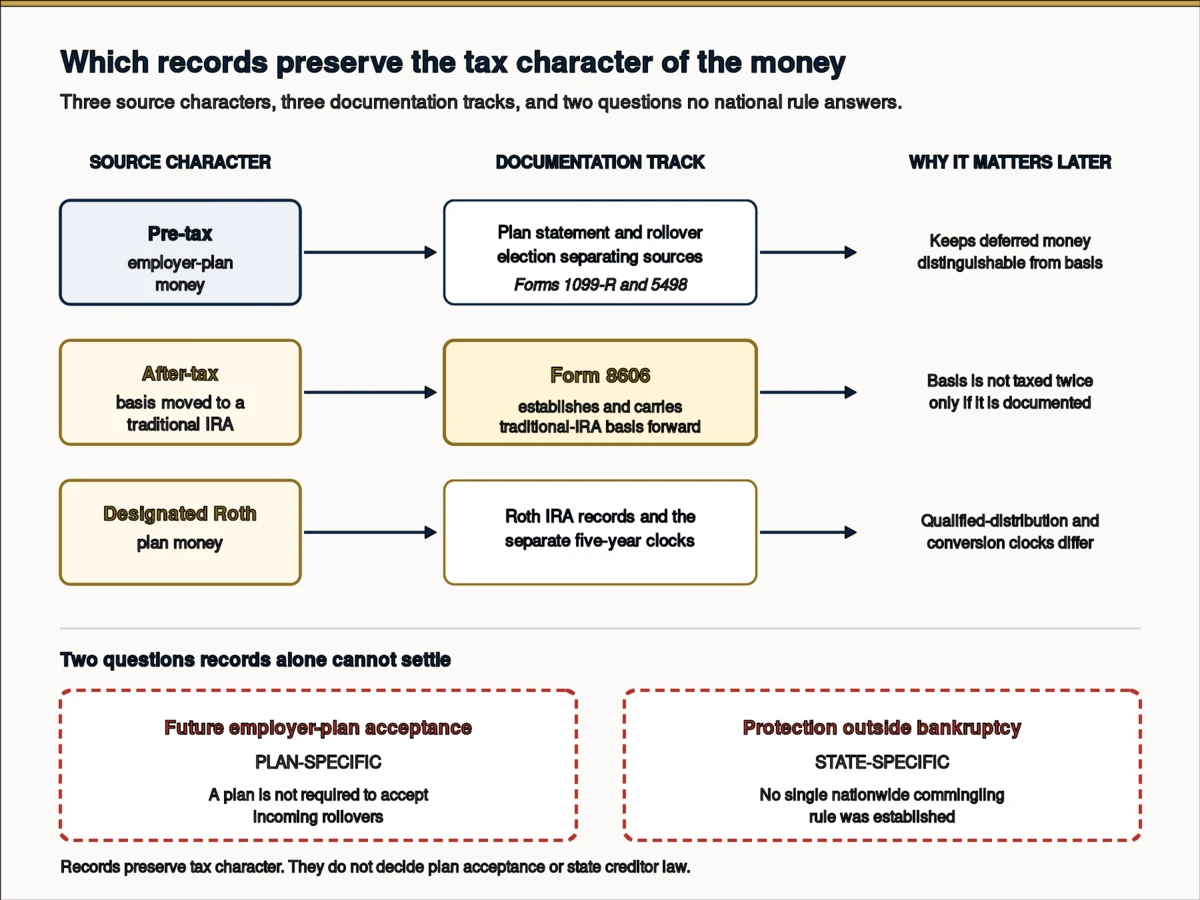 A recordkeeping diagram follows pre-tax employer-plan money, after-tax basis and Roth money into separate documentation tracks. Form 8606 appears beside the after-tax traditional-IRA basis track. Two later decision points are deliberately marked as plan-specific and state-specific, showing that future employer-plan acceptance and creditor protection outside bankruptcy cannot be reduced to a single nationwide commingling rule.