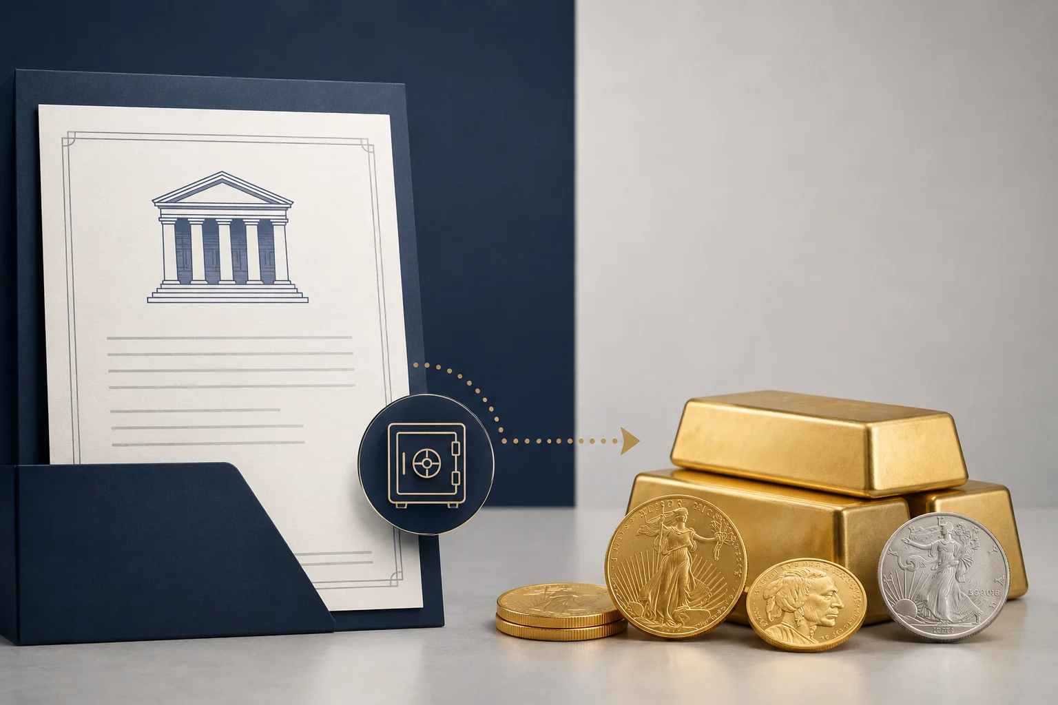 Editorial illustration for a Roth IRA precious metals guide. A navy folder holds a formal certificate marked with a classical government building, representing the retirement account and the federal rules that govern it. A dotted line runs through a small safe icon to a stack of gold bars and gold and silver coins on the right. The image separates the tax wrapper from the assets it may hold and from the custody arrangement between them. No dealer, price, return or product recommendation appears.