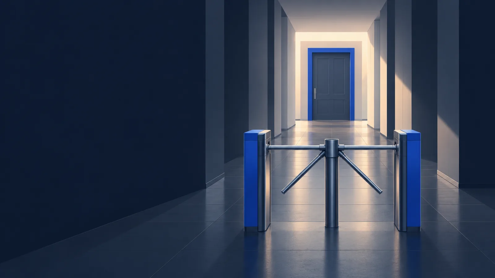 Illustration of a long interior corridor viewed head on, with two barriers placed one behind the other. The nearer barrier is a low turnstile gate standing open; further down the corridor a solid closed door blocks the way completely. Light falls from above onto a plain floor, and no people, text, signage, logos or figures appear anywhere in the scene. The two barriers in sequence represent the tax rule a saver clears first and the plan document that still stands behind it.