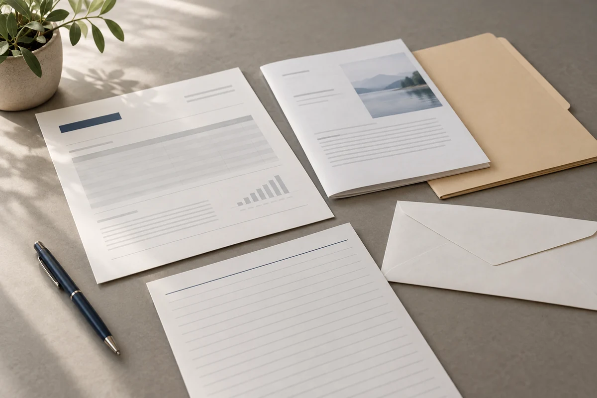 A carefully arranged collection of retirement-account records illustrates the annual fair market valuation process. A blank account statement sits beside a property document, a business ownership folder, a valuation worksheet and an envelope containing supporting records. The composition distinguishes the assets being valued from the documentation used to support their reported worth, emphasising recordkeeping, careful assessment and annual reporting without displaying any monetary amounts.