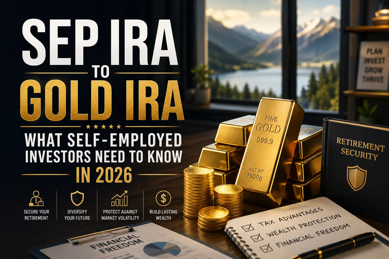 SEP IRA to Gold IRA guide for self-employed investors, showing a self-employed owner reviewing retirement documents with gold coins