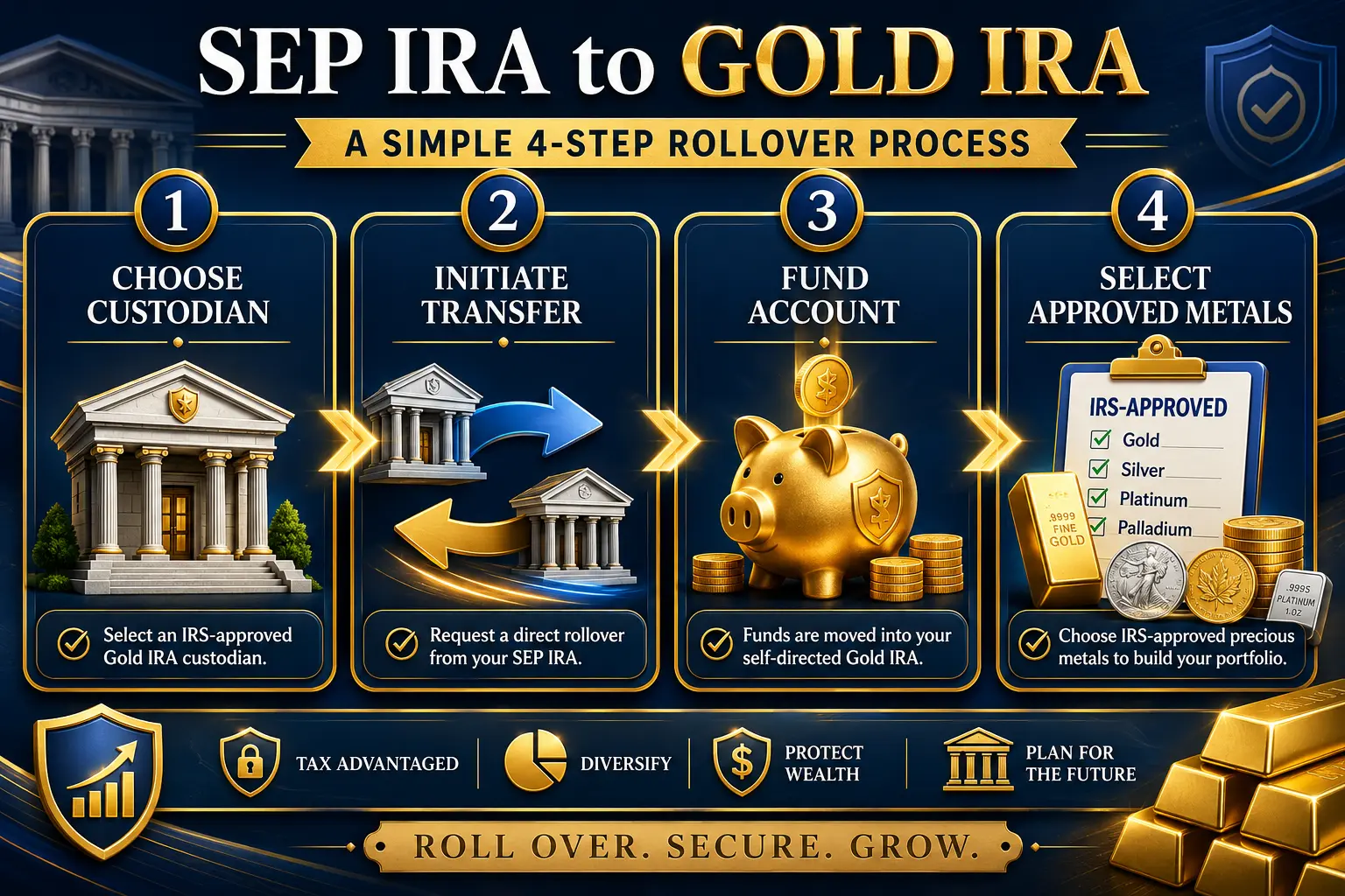 SEP IRA to Gold IRA rollover workflow showing SEP account review, self-directed custodian selection, transfer request, IRS-approved metals purchase, and approved depository storage
