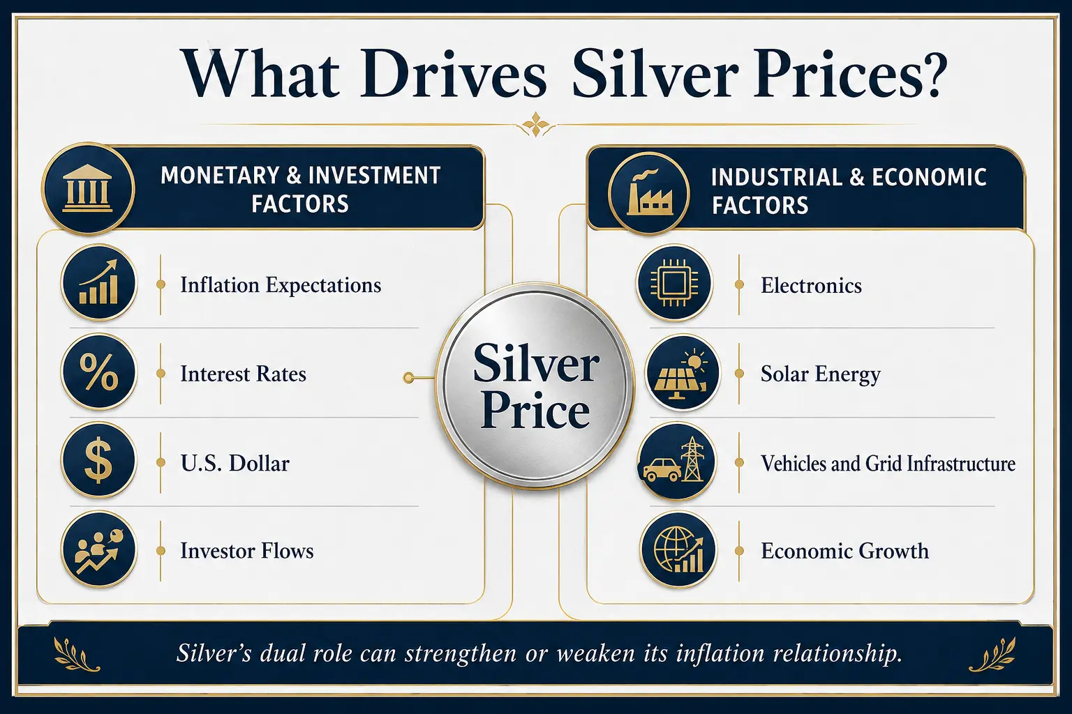 What drives silver prices: monetary and investment factors (inflation expectations, interest rates, US dollar, investor flows) versus industrial and economic factors (electronics, solar energy, vehicles and grid, economic growth)