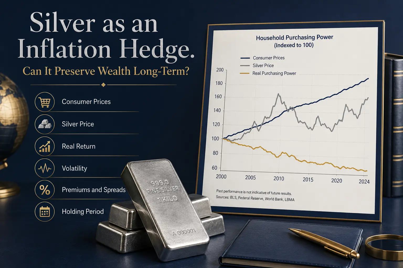Silver as an inflation hedge: silver bars beside a household purchasing-power chart showing consumer prices rising while real purchasing power varies