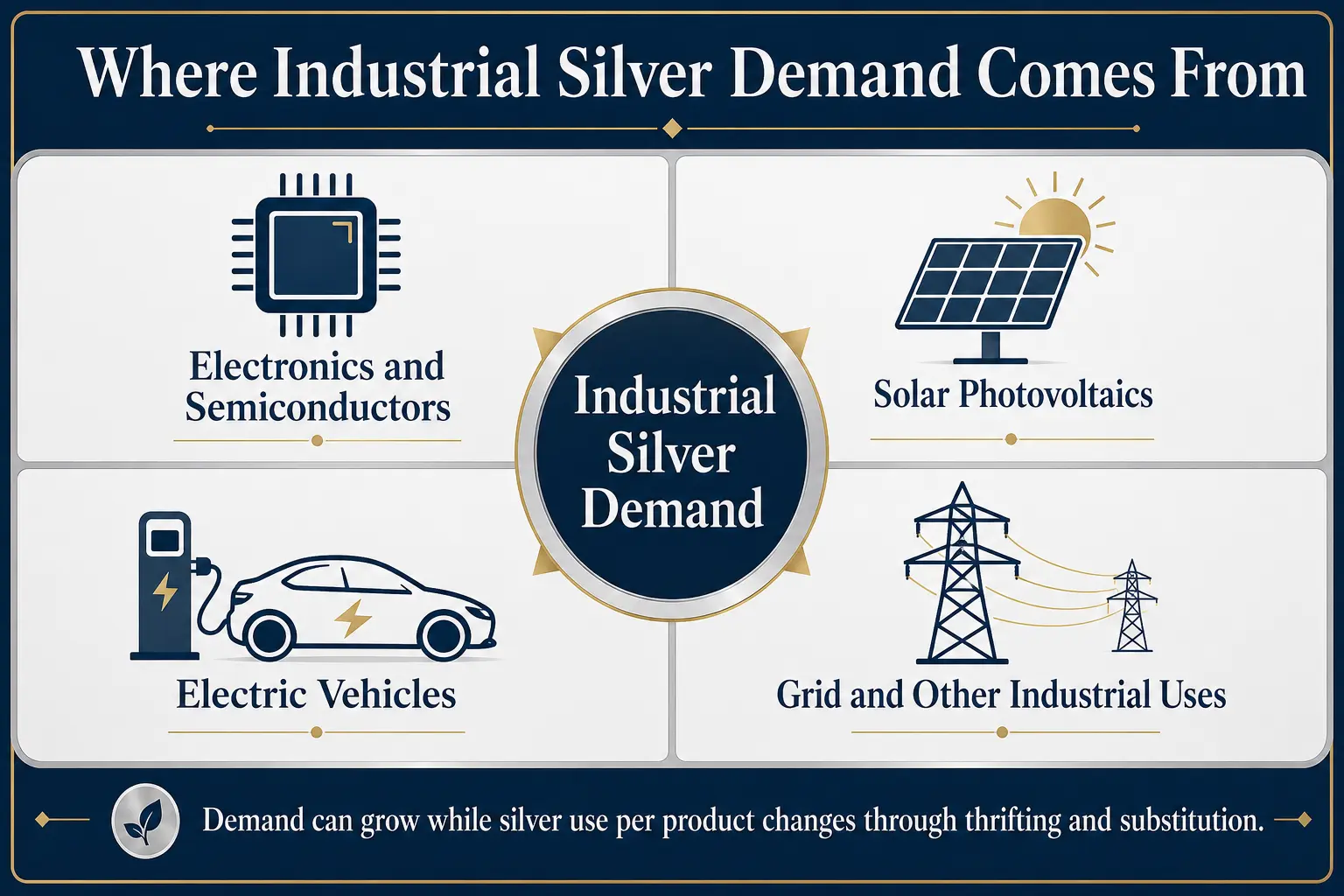 Where industrial silver demand comes from: electronics and semiconductors, solar photovoltaics, electric vehicles, and grid and other industrial uses, all feeding industrial silver demand