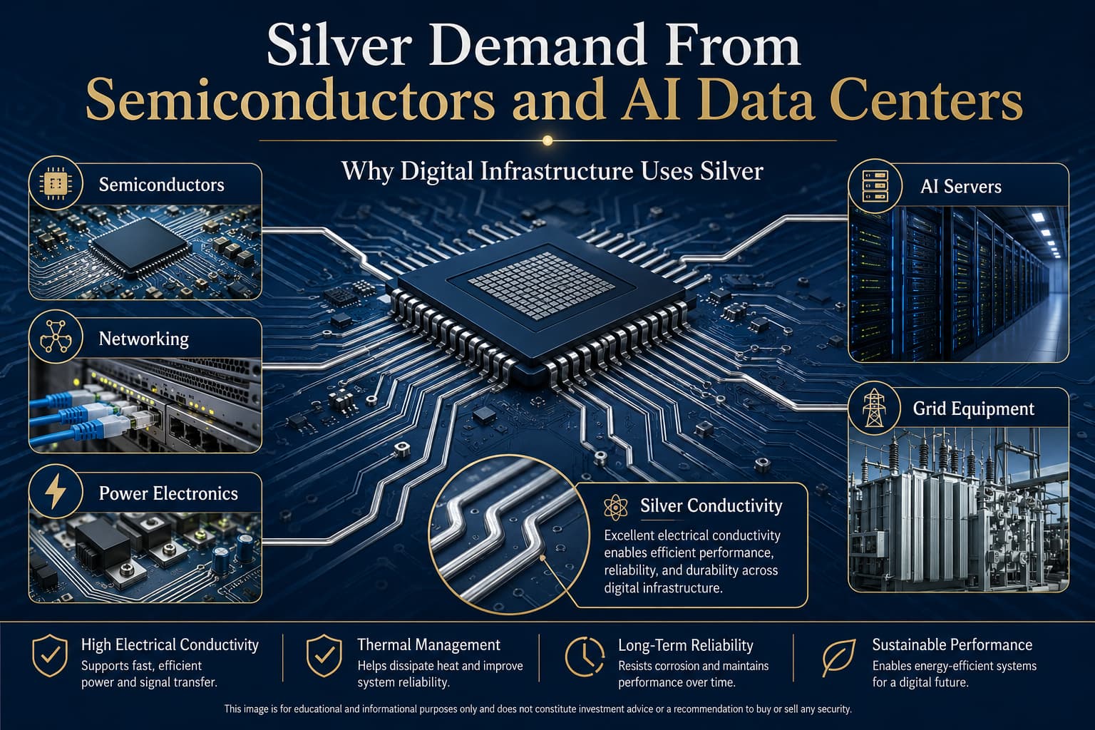 Silver demand from semiconductors and AI data centers: a silicon chip, AI server racks, networking, power electronics, and grid equipment connected by silver conductive traces
