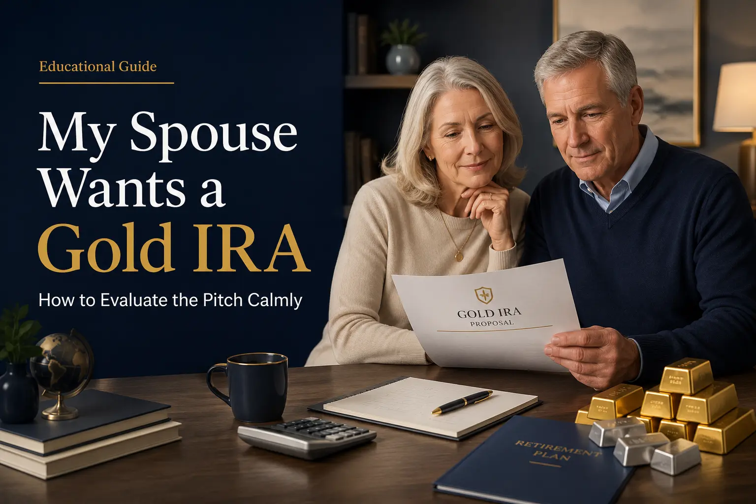 My spouse wants a Gold IRA: a calm retired couple reviewing a Gold IRA proposal together at a desk with retirement documents, a calculator, and gold bars
