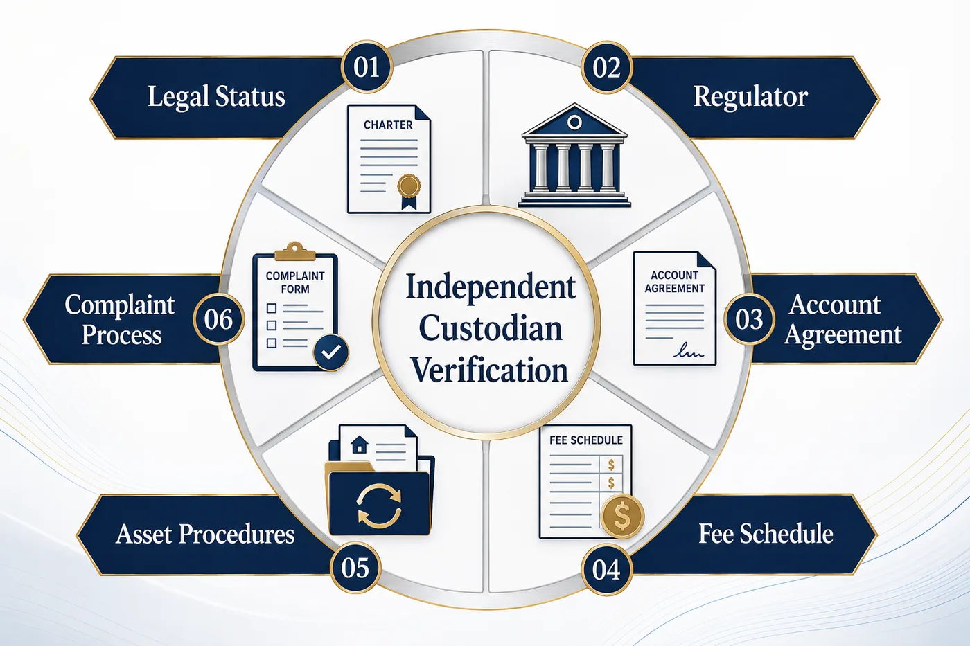 Self-directed IRA custodian verification framework: legal status, regulator, account agreement, fee schedule, asset procedures, and complaint process circling independent custodian verification