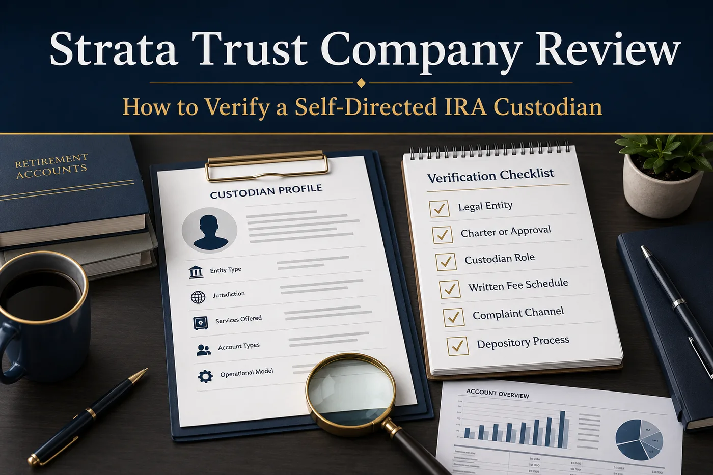 Strata Trust Company review: how to verify a self-directed IRA custodian — a custodian profile under review beside a verification checklist