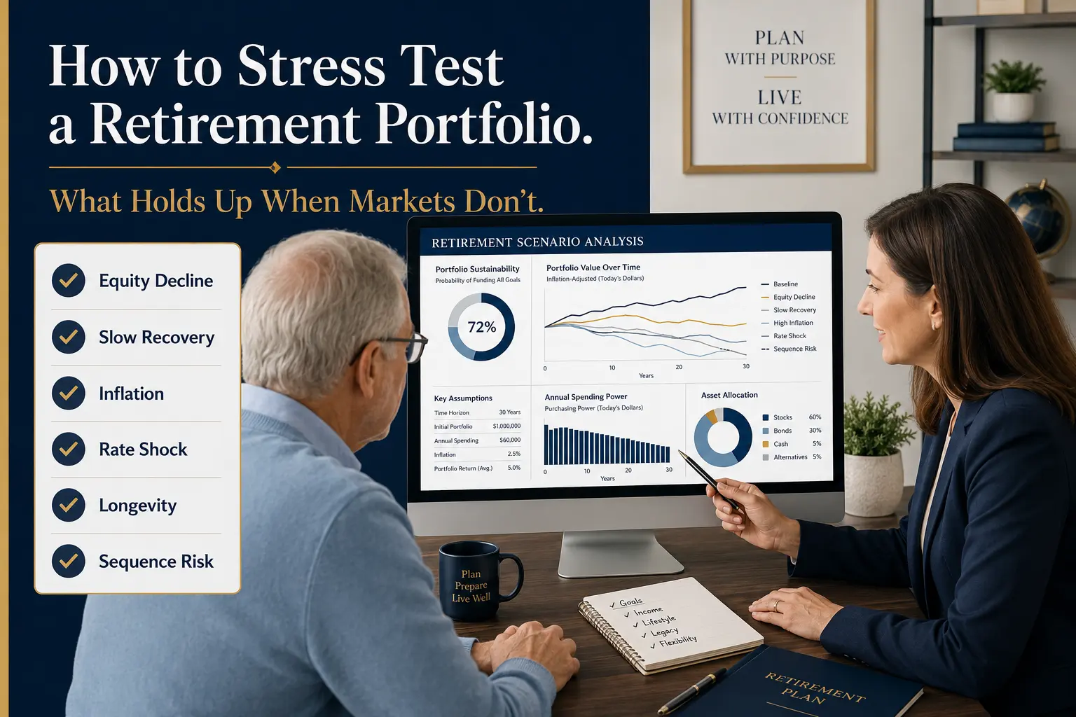 How to stress test a retirement portfolio: an advisor and a retiree reviewing a scenario-analysis dashboard with portfolio sustainability, spending power, and asset allocation