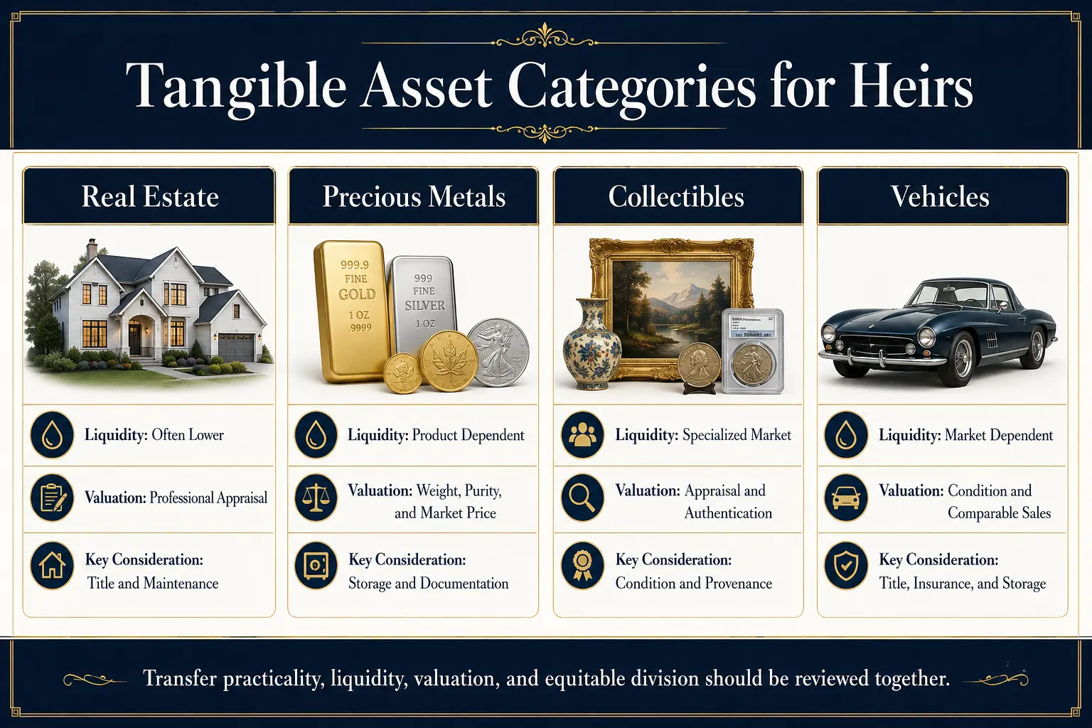 Tangible asset categories for heirs: real estate, precious metals, collectibles, and vehicles, each with liquidity, valuation, and key-consideration notes