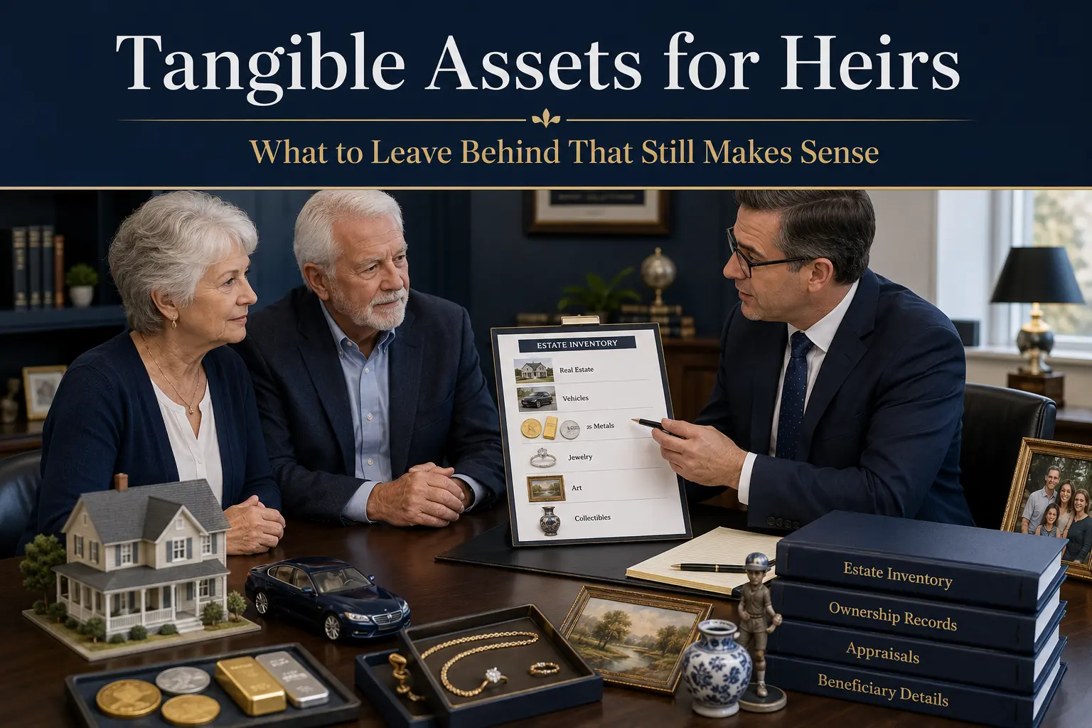 Tangible assets for heirs: a family reviewing an estate inventory of real estate, vehicles, metals, and collectibles with an estate advisor