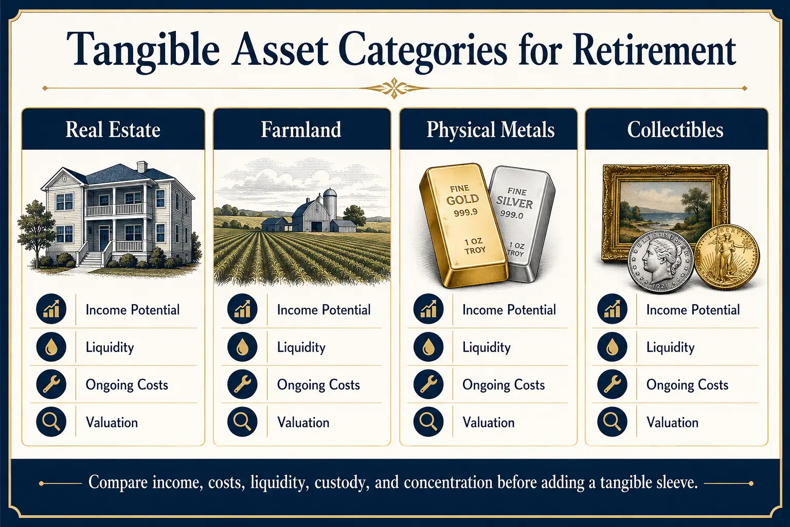 Tangible asset categories for retirement: real estate, farmland, physical metals, and collectibles, each compared on income potential, liquidity, ongoing costs, and valuation