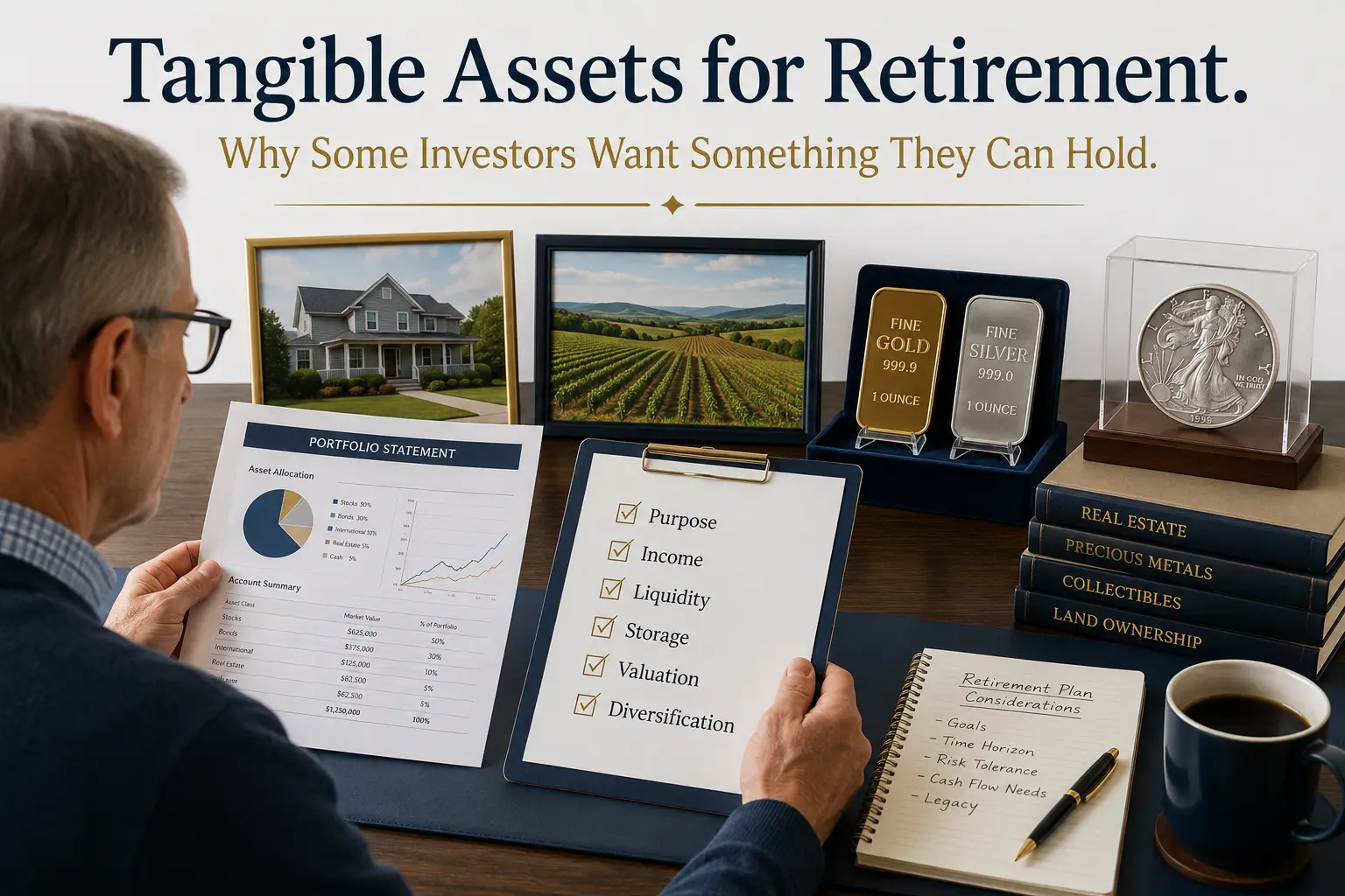 Tangible assets for retirement: a saver comparing a financial portfolio statement against physical assets like a home, farmland, and bullion, with a purpose-and-liquidity checklist