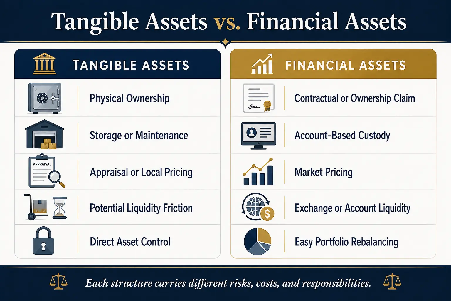 Tangible assets vs financial assets: physical ownership, storage or maintenance, appraisal or local pricing, potential liquidity friction, and direct control versus a contractual claim, account-based custody, market pricing, exchange liquidity, and easy rebalancing