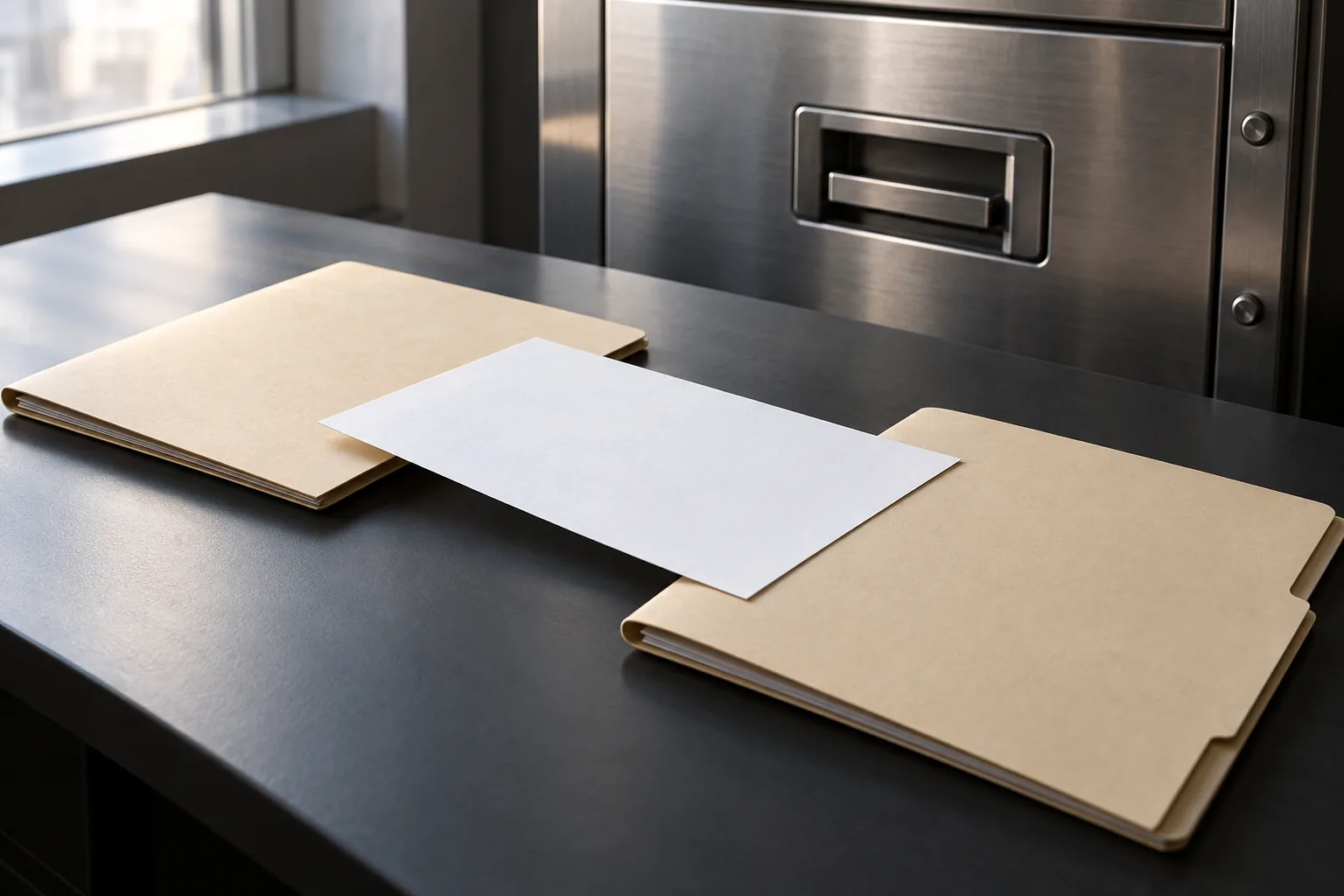 Two closed neutral document folders sit side by side on a dark desk with a single blank transfer sheet resting across both of them, suggesting a handoff of an account from one institution to another. A brushed steel secure storage drawer stands softly out of focus behind them. Nothing is branded, no coins or bars are visible, and no person appears in the frame.