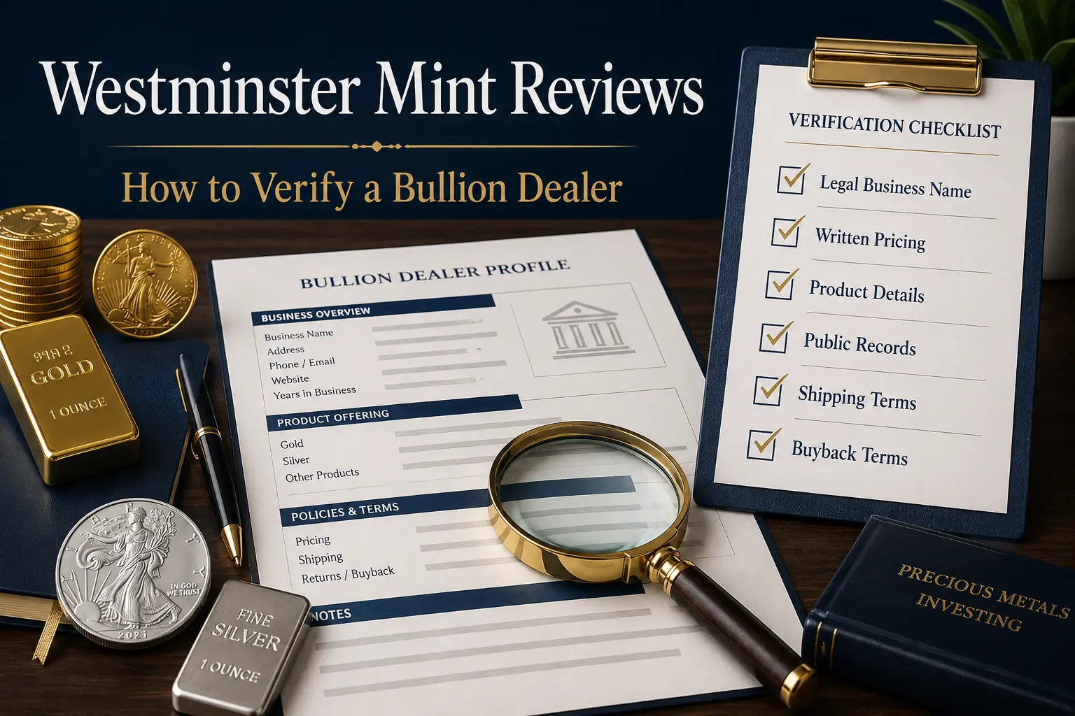 Westminster Mint reviews: how to verify a bullion dealer — a dealer profile under review beside a verification checklist