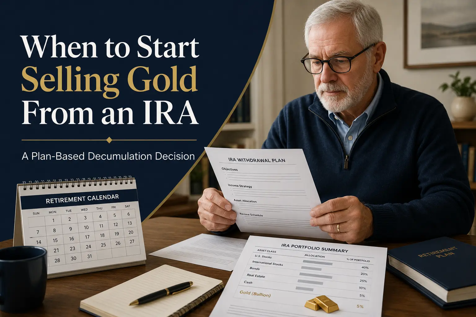 A retiree at a home-office table reviewing a written IRA withdrawal plan, a retirement calendar, and a portfolio statement, with small gold bars shown within the account paperwork