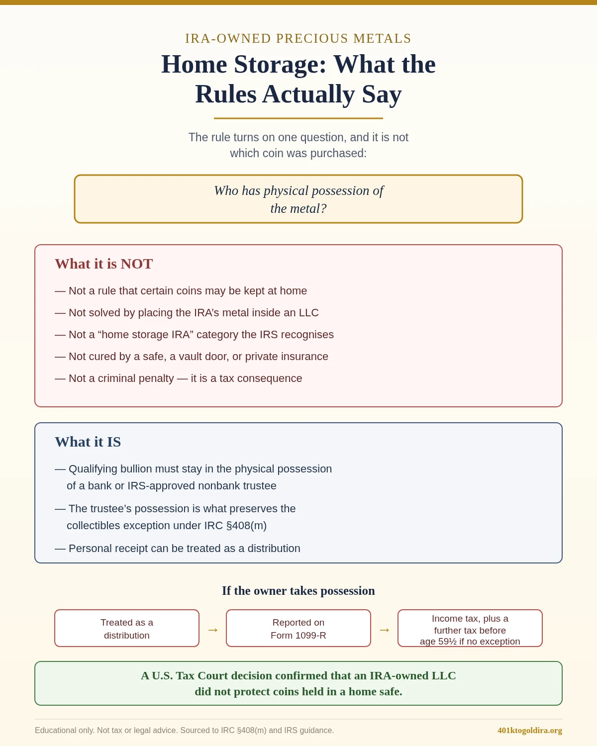 Diagram explaining that the home storage rule for IRA-owned precious metals turns on who has physical possession of the metal rather than which coin was purchased, showing that an LLC, a home safe, or private insurance does not permit personal possession, that qualifying bullion must remain with a bank or IRS-approved nonbank trustee, and that personal receipt can be treated as a distribution reported on Form 1099-R