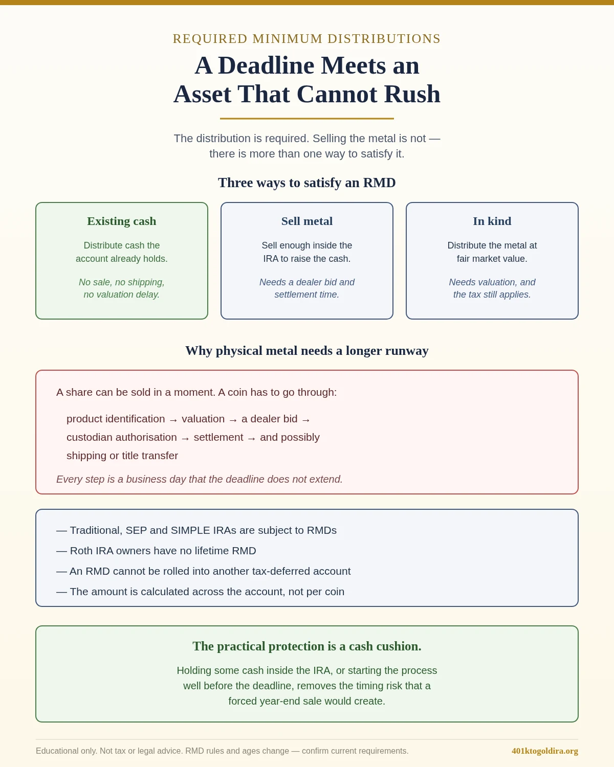 Diagram showing three ways to satisfy a required minimum distribution from a precious metals IRA — distributing existing cash, selling metal inside the account, or distributing metal in kind at fair market value — and explaining why physical metal needs a longer runway because a coin must pass through product identification, valuation, a dealer bid, custodian authorisation, settlement and possibly shipping, with each step taking business days that the deadline does not extend