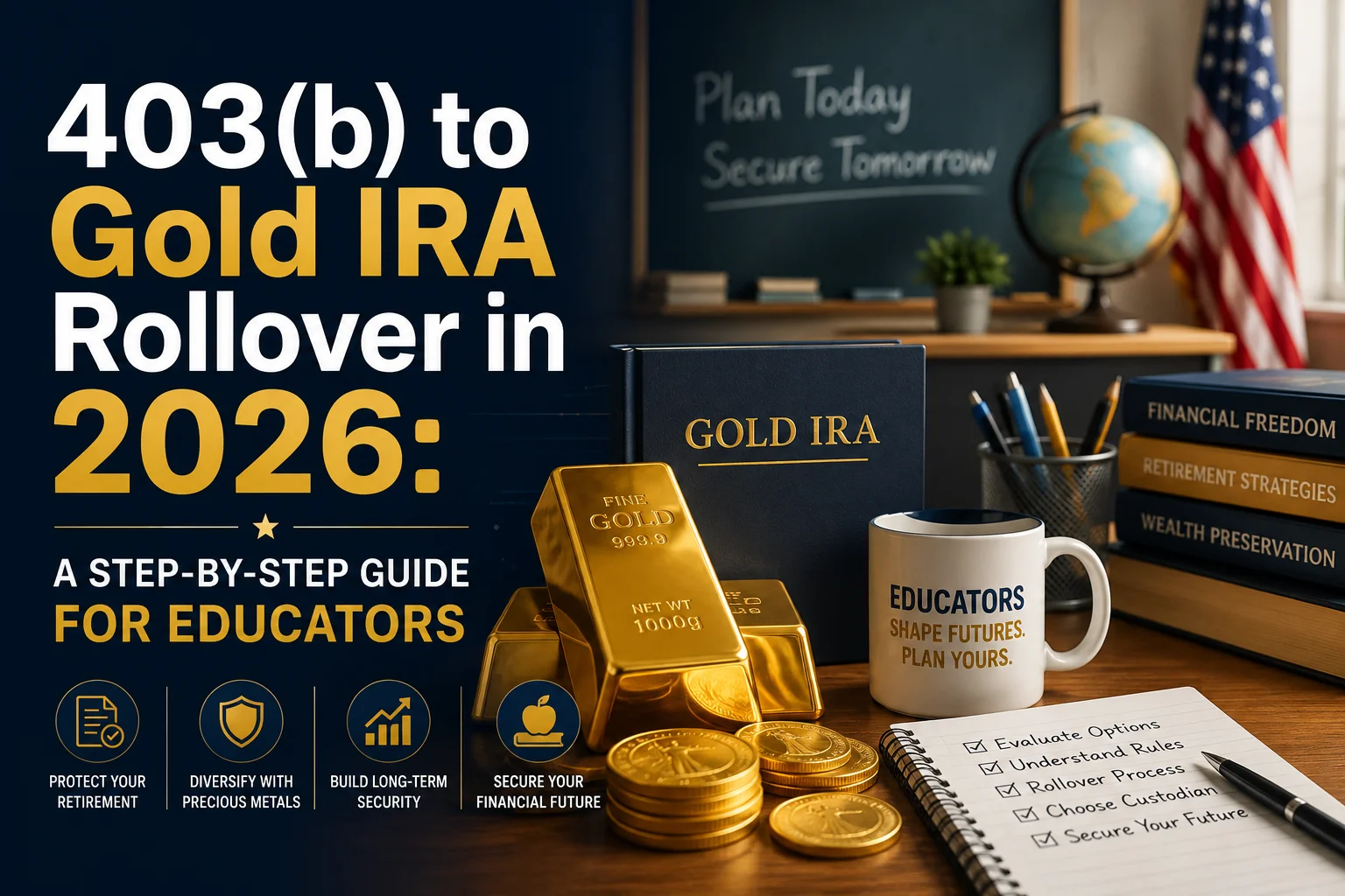 403(b) to Gold IRA Rollover — gold bars, US dollar bill, and bullet points covering rollover process, custodian selection, fund transfer, gold purchase, and IRA setup